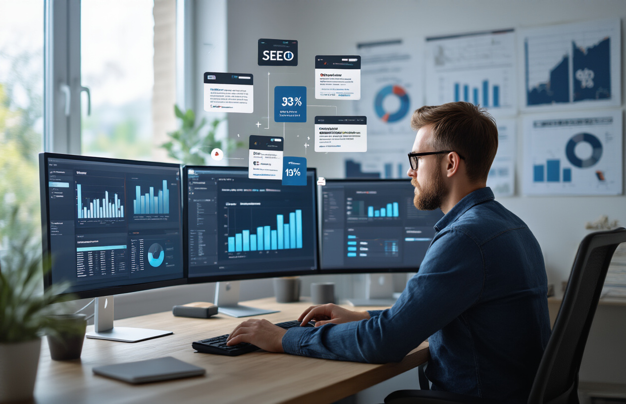 Create a realistic image of a professional white male digital marketer sitting at a modern desk with multiple computer monitors displaying website analytics dashboards and competitor analysis tools, surrounded by floating digital icons representing different competitor websites and SEO metrics, with a clean office environment featuring charts and graphs on the walls, bright natural lighting from a window, focused and analytical mood, absolutely NO text should be in the scene.