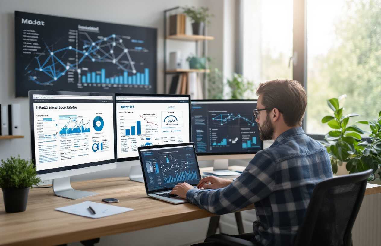 Create a realistic image of a professional white male digital marketer at his modern office desk working on a laptop, with multiple website pages displaying on his computer screen showing connected link networks, surrounded by charts and graphs on the wall indicating improved SEO performance metrics, bright natural lighting from a window creating an optimistic and successful business atmosphere, with a clean modern office background featuring bookshelves and plants, absolutely NO text should be in the scene.
