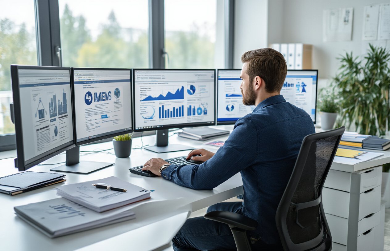 Create a realistic image of a professional white male sitting at a modern office desk with multiple computer monitors displaying company websites and business profiles, surrounded by organized documents and notebooks with company logos visible, while he analyzes and researches different businesses for potential partnerships, set in a bright contemporary office environment with natural lighting from large windows, showing a focused and strategic work atmosphere. Absolutely NO text should be in the scene.