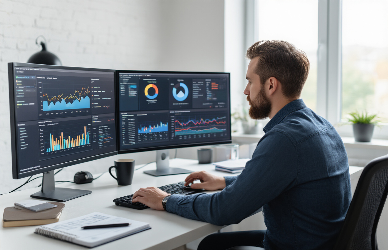 Create a realistic image of a professional white male SEO analyst sitting at a modern desk with multiple computer monitors displaying website analytics dashboards, search engine crawl data, and indexation reports with colorful graphs and charts, in a clean contemporary office environment with soft natural lighting from a window, surrounded by notebooks and a coffee cup, focused on analyzing website performance metrics, absolutely NO text should be in the scene.