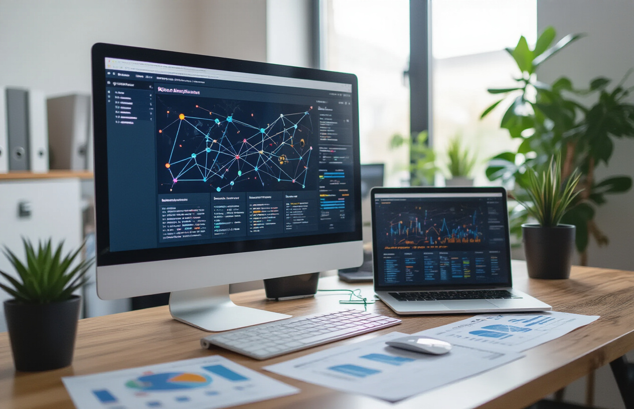 Create a realistic image of a professional workspace showing a computer monitor displaying website analytics dashboard with interconnected nodes and arrows representing link flow patterns, scattered around the desk are printed SEO reports and charts showing link equity distribution, a clean modern office environment with natural lighting from a window, focus on the screen showing colorful network diagrams with connecting lines between website elements, absolutely NO text should be in the scene.