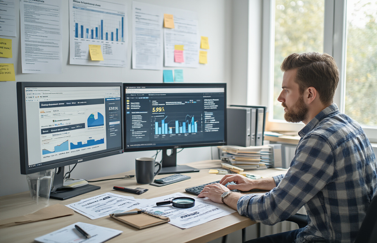 Create a realistic image of a professional workspace scene showing a white male digital marketer sitting at a modern desk with dual computer monitors displaying website analytics dashboards and search results, surrounded by organized paperwork with website URLs and domain authority scores, a magnifying glass positioned over printed website evaluation sheets, sticky notes with quality criteria checklists on the wall, natural daylight streaming through a window creating a focused work atmosphere, with a coffee cup and notepad nearby suggesting active research and evaluation process, absolutely NO text should be in the scene.