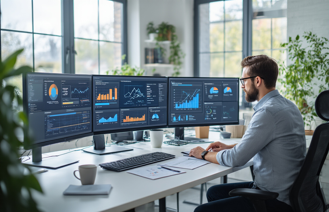 Create a realistic image of a professional workspace showing multiple computer monitors displaying website analytics dashboards with link quality metrics, charts showing domain authority scores, and network diagrams illustrating backlink connections between websites, with a white male digital marketer in business casual attire analyzing the data while taking notes, modern office environment with clean desk setup, bright natural lighting from window, focused analytical mood, absolutely NO text should be in the scene.