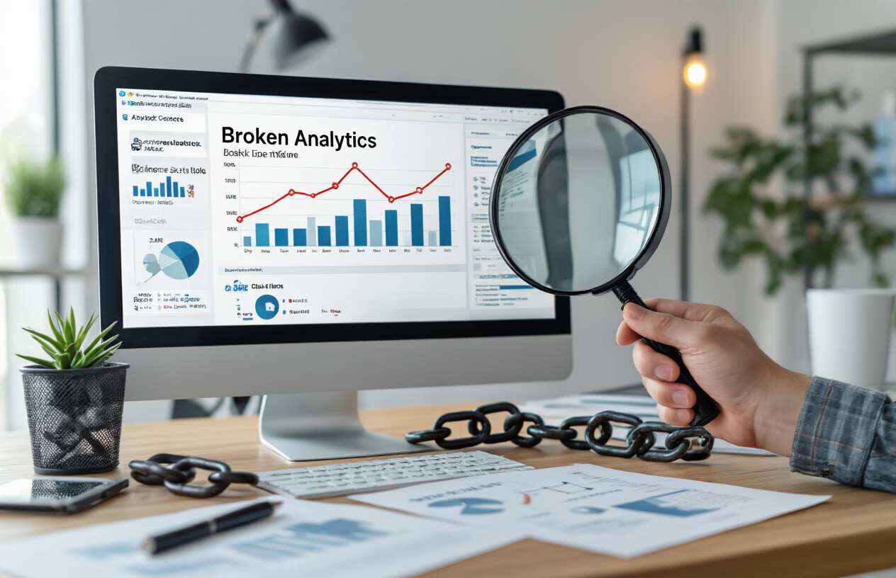 Create a realistic image of a professional workspace with a computer monitor displaying a website analytics dashboard showing broken links highlighted in red, surrounded by SEO tools and documents, with a magnifying glass examining chain links where some links are broken or disconnected, representing the concept of identifying and analyzing broken links for SEO improvement, set in a modern office environment with clean lighting and a focused, analytical mood, absolutely NO text should be in the scene.