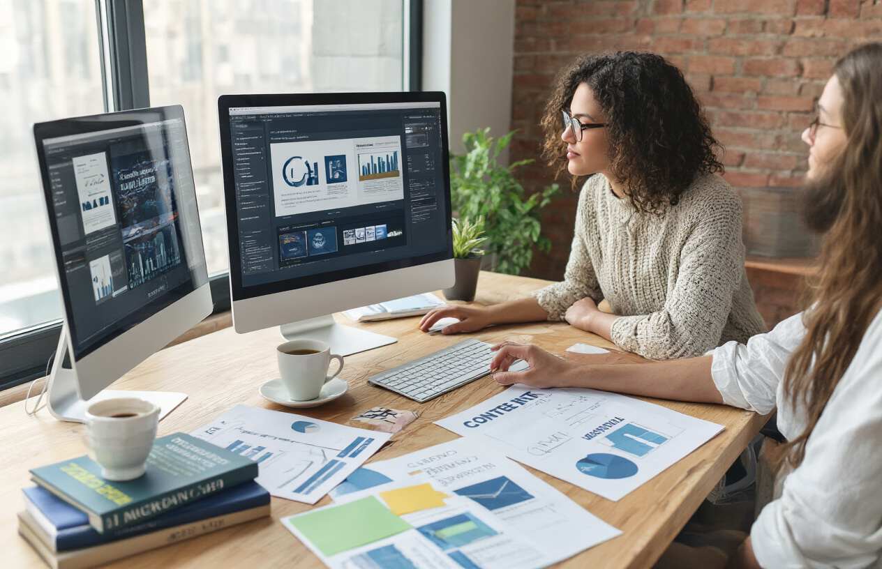 Create a realistic image of a professional workspace showing a person creating high-quality digital content, with a computer screen displaying a content management interface, scattered notes and research materials on the desk, a coffee cup, and reference books about content creation, set in a modern office environment with natural lighting from a window, conveying a productive and focused atmosphere of content creation and digital marketing work, absolutely NO text should be in the scene.