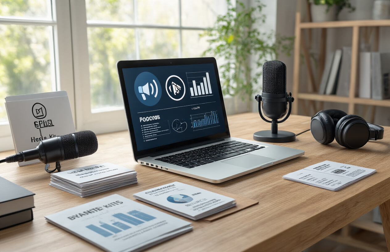 Create a realistic image of a professional workspace with a laptop computer displaying podcast-related icons and optimization charts, surrounded by marketing materials including business cards, media kits, and branded folders, with a microphone and headphones placed nearby on a clean wooden desk, soft natural lighting from a window creating a productive atmosphere, absolutely NO text should be in the scene.