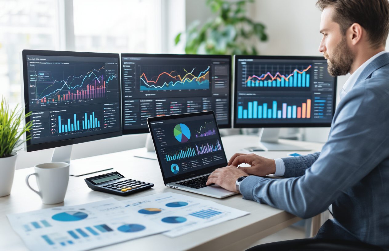 Create a realistic image of a professional workspace showing multiple computer monitors displaying colorful analytics dashboards, charts, and graphs with upward trending lines, a white male business professional in his 30s analyzing performance metrics on a laptop, smartphone showing social media analytics, printed reports with bar charts and pie graphs scattered on a modern desk, calculator, coffee cup, potted plant, bright office lighting creating a focused productive atmosphere, absolutely NO text should be in the scene.