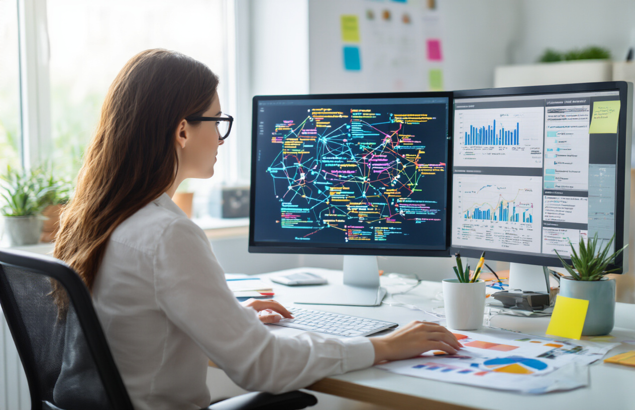 Create a realistic image of a professional workspace with a computer monitor displaying colorful interconnected keyword clusters and semantic mapping diagrams, with a white female digital marketer sitting at a modern desk analyzing SEO data on multiple screens, surrounded by charts showing search ranking improvements, sticky notes with keyword relationships, and a clean office environment with natural lighting from a window, creating a focused and analytical atmosphere. Absolutely NO text should be in the scene.