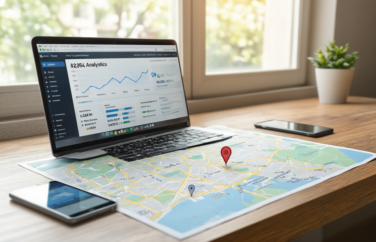 Create a realistic image of a professional workspace scene showing a laptop computer displaying a website analytics dashboard with location-based search rankings, surrounded by a detailed local area map spread on a wooden desk, with a smartphone showing local search results nearby, natural daylight streaming through a window illuminating the workspace, creating a focused and productive atmosphere for digital marketing work, absolutely NO text should be in the scene.