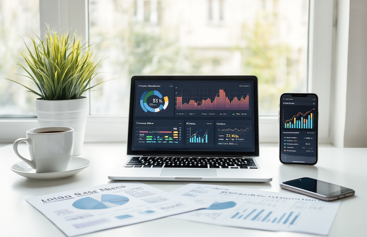 Create a realistic image of a professional workspace showing a laptop displaying colorful analytics dashboard with rising graph charts and CTR metrics, surrounded by a smartphone showing local business search results, printed SEO reports with highlighted engagement data, a coffee cup, and a potted plant on a clean white desk, with soft natural lighting from a window creating a productive and successful business atmosphere, absolutely NO text should be in the scene.
