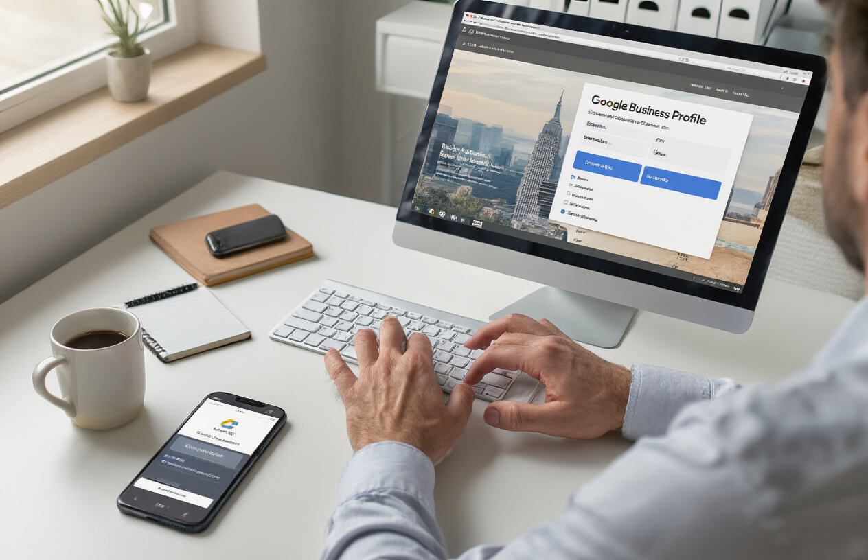 Create a realistic image of a professional workspace showing a computer screen displaying the Google Business Profile setup interface with various input fields and options visible, a smartphone lying on a clean desk beside the computer showing a Google My Business mobile app, hands of a white male business owner typing on the keyboard, modern office environment with soft natural lighting from a window, organized desk with a coffee cup and notepad, focused and productive atmosphere, absolutely NO text should be in the scene.