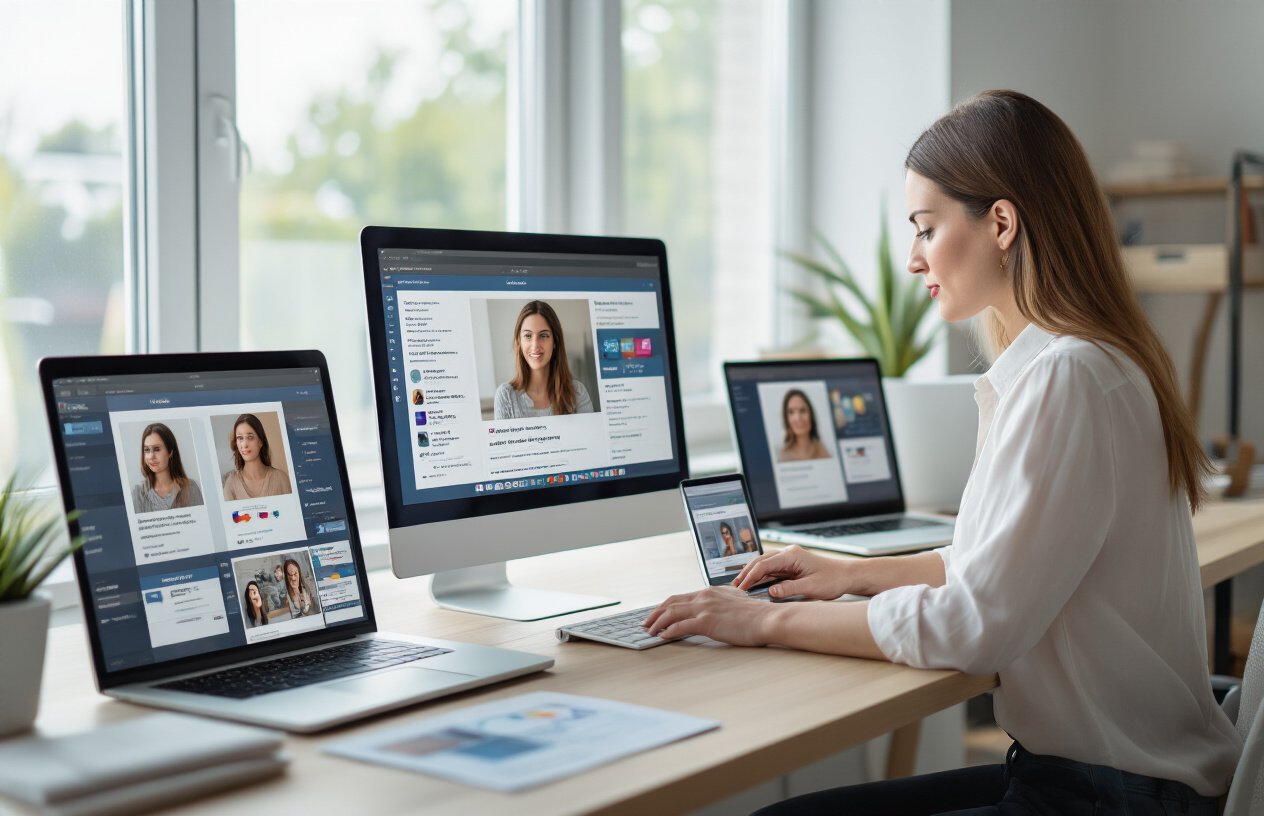 Create a realistic image of a professional workspace showing multiple mobile devices and laptops displaying optimized social media profile photos with consistent branding elements, including a white female marketing professional carefully adjusting profile photo settings on a computer screen, with brand style guides and color palettes visible on the desk, soft natural lighting from a window, clean modern office environment with branded materials in the background, absolutely NO text should be in the scene.