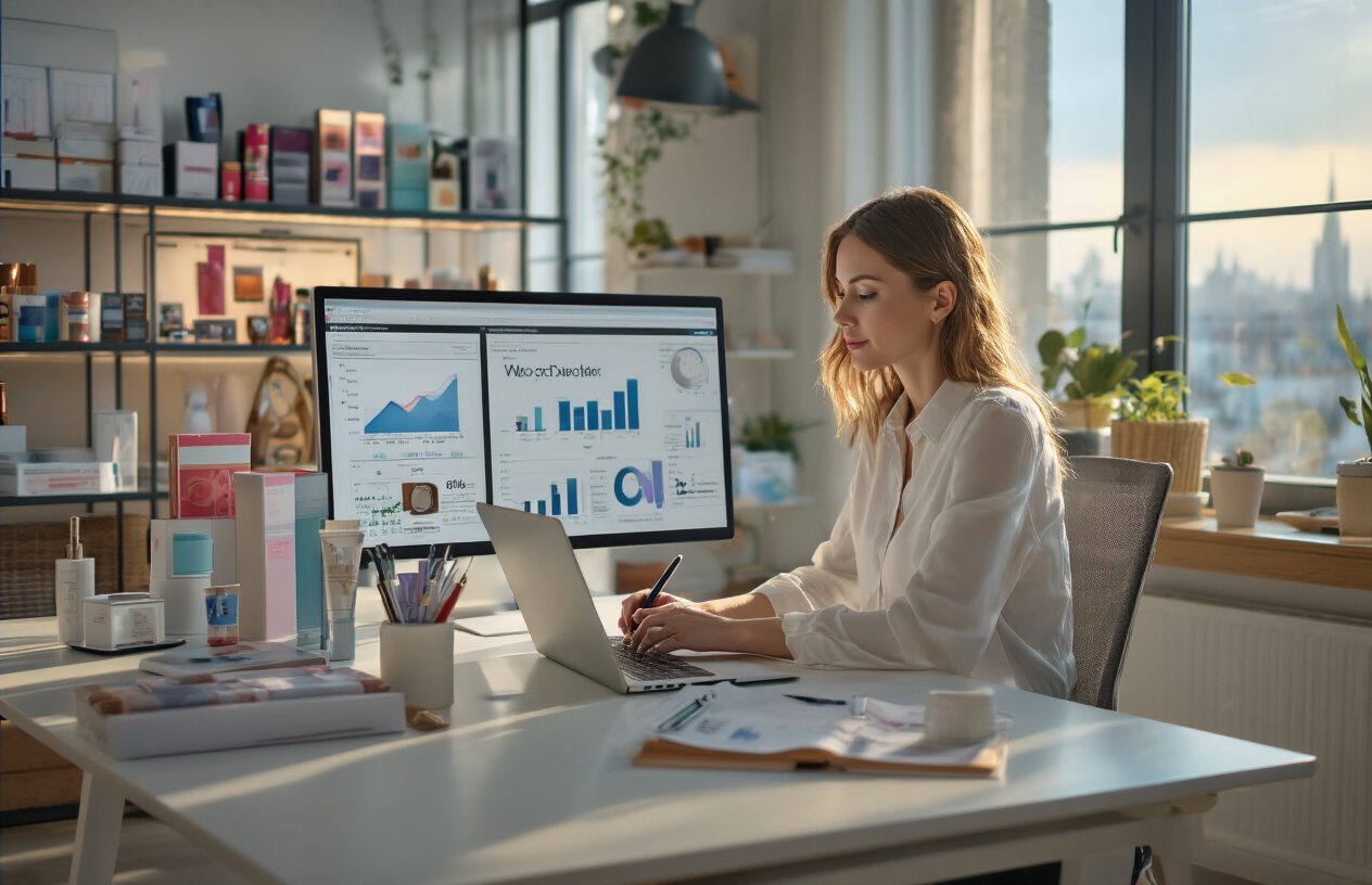 Create a realistic image of a professional workspace featuring a white female marketer sitting at a modern desk, actively writing compelling product descriptions on a laptop computer, surrounded by various retail products including electronics, cosmetics, and accessories displayed on sleek shelves, with charts and graphs showing sales performance visible on a secondary monitor, warm natural lighting streaming through large windows creating an inspiring and productive atmosphere, absolutely NO text should be in the scene.