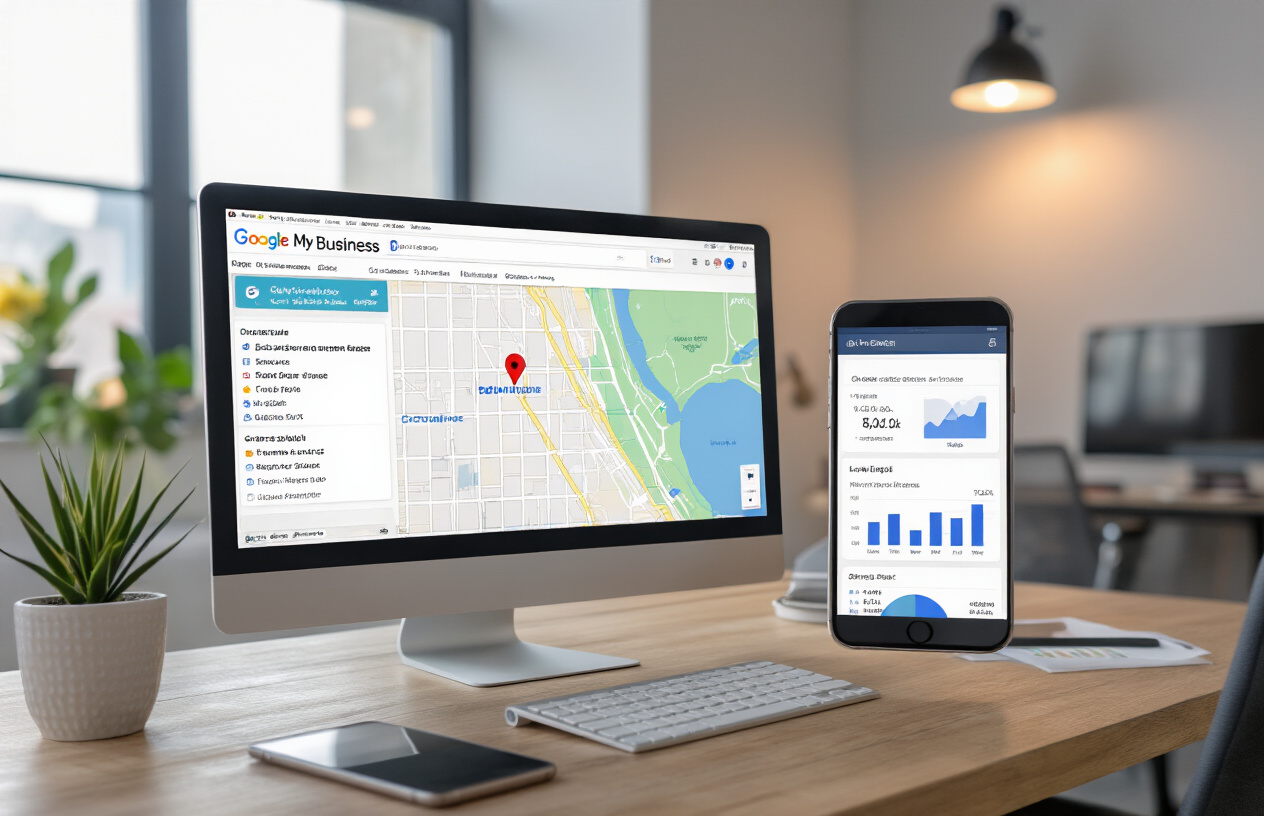Create a realistic image of a professional workspace showing a computer monitor displaying the Google My Business interface with a map view featuring local business pins and location markers, alongside a smartphone showing local search results, with SEO analytics charts and graphs visible on the desk, modern office setting with clean lighting, focused on digital marketing and local business optimization tools, absolutely NO text should be in the scene.