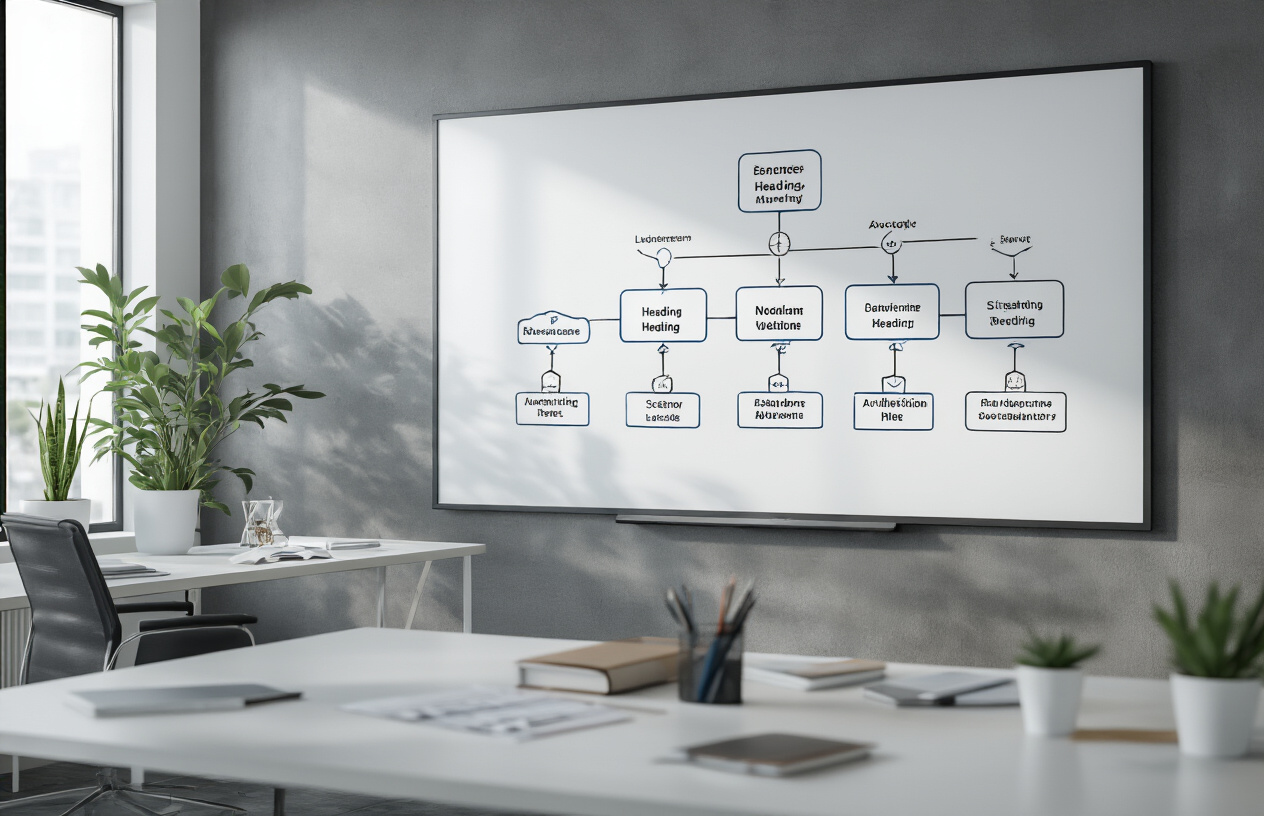 Create a realistic image of a professional workspace showing a large whiteboard or digital display with a hierarchical diagram featuring branching tree-like structure with main nodes connecting to smaller sub-nodes, representing different heading levels, a sleek modern office environment with clean desk surfaces, organized documents and notebooks scattered around, soft natural lighting from a window, corporate meeting room atmosphere with ergonomic chairs, the hierarchy visualization showing clear organizational flow from top to bottom levels, minimalist design aesthetic with neutral colors like white, gray, and blue tones, absolutely NO text should be in the scene.