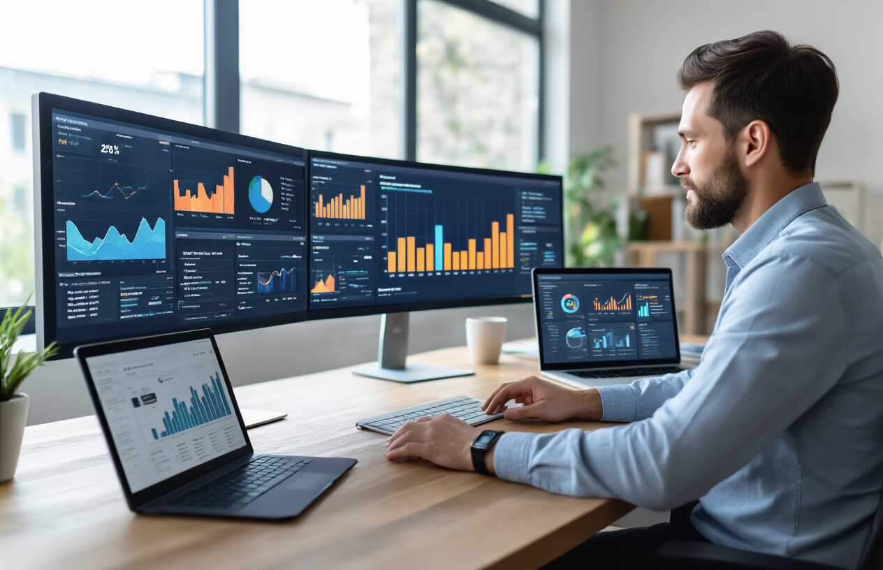 Create a realistic image of a professional workspace with a large computer monitor displaying website analytics dashboards with colorful graphs, charts, and data visualizations, alongside a laptop showing website header performance metrics, with a white male digital marketer in business casual attire analyzing the data, surrounded by additional screens showing SEO tools and website performance indicators, set in a modern office environment with natural lighting from a window, creating a focused and analytical atmosphere, absolutely NO text should be in the scene.