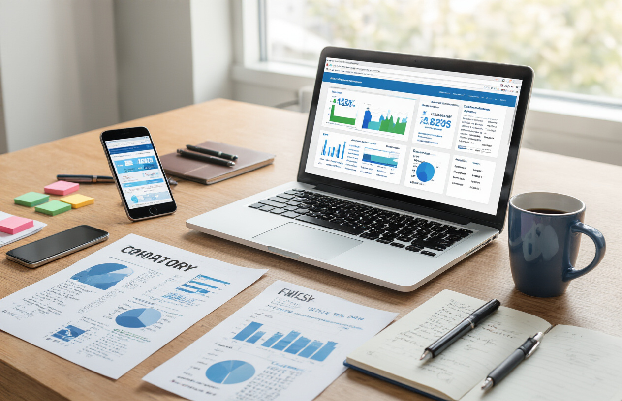 Create a realistic image of a professional workspace showing competitor analysis in action, featuring a modern laptop computer displaying multiple browser tabs with different website analytics dashboards and keyword research tools, a smartphone showing competitor websites, scattered printed competitor analysis reports and keyword lists on a clean wooden desk, a notebook with handwritten strategy notes and comparison charts, a coffee mug, and modern office supplies like pens and sticky notes, set against a bright modern office background with natural lighting from a window, conveying a focused analytical mood of digital marketing research and competitive intelligence gathering, absolutely NO text should be in the scene.