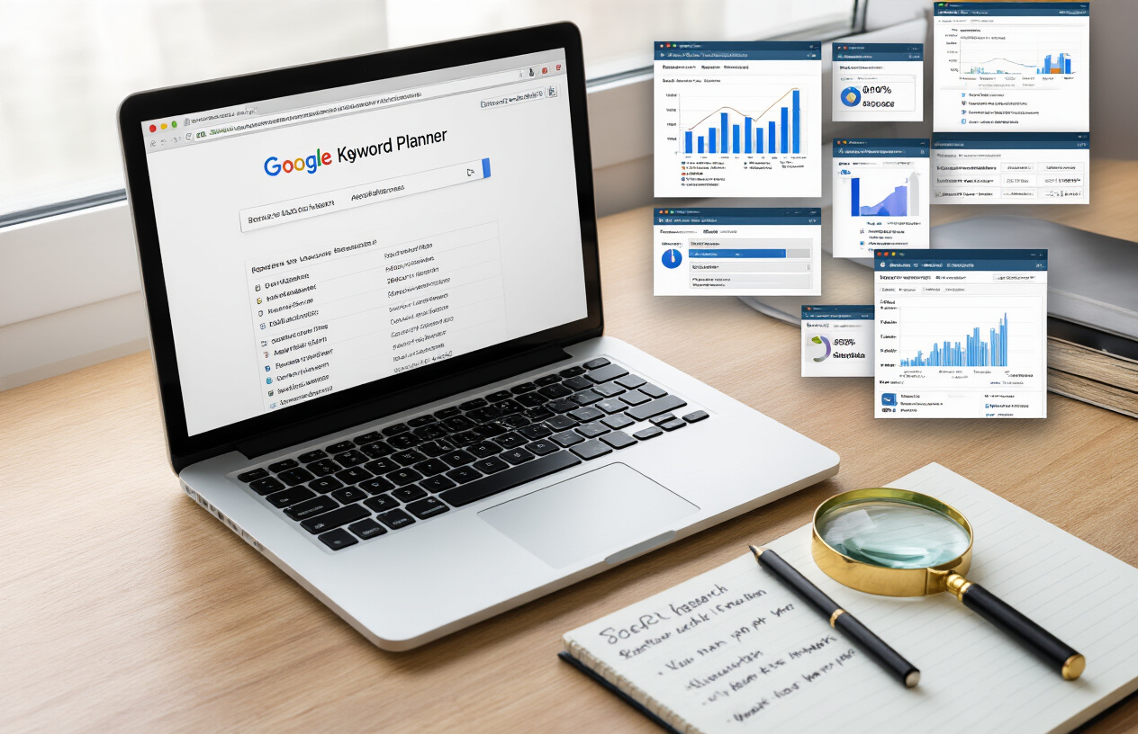 Create a realistic image of a professional workspace showing a laptop computer displaying Google Keyword Planner interface with search filters and keyword data tables visible on screen, surrounded by digital marketing tools including a notepad with handwritten keyword research notes, a magnifying glass symbolizing search analysis, and multiple browser tabs open showing SEO analytics dashboards, set on a modern wooden desk with soft natural lighting from a window, creating a focused and productive atmosphere for digital marketing research, Absolutely NO text should be in the scene.