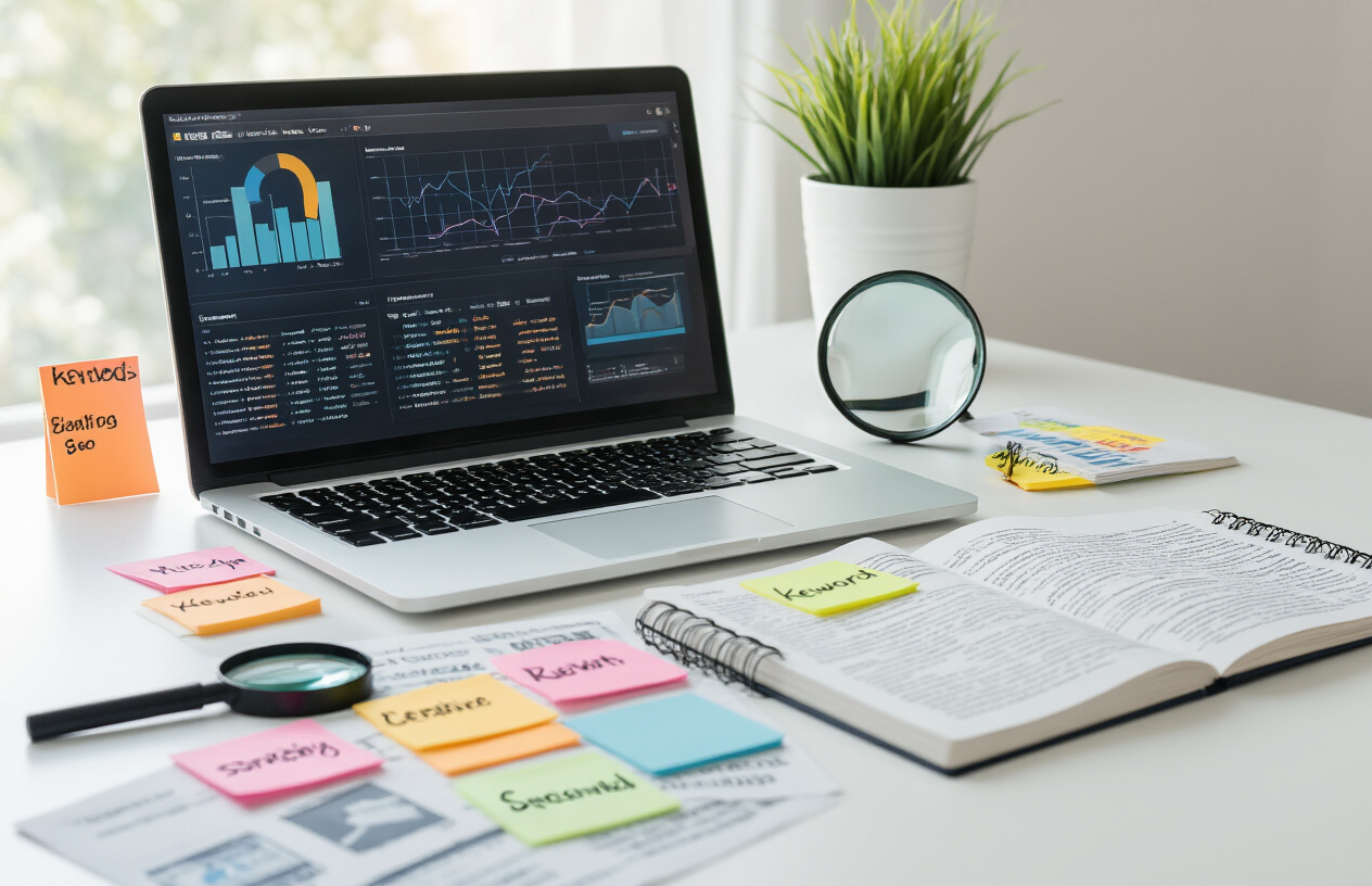 Create a realistic image of a professional workspace showing keyword research in action with a modern laptop displaying analytics charts and graphs on the screen, surrounded by colorful sticky notes with keywords written on them, a notebook with handwritten SEO strategy notes, a magnifying glass symbolizing search, and scattered printed search result pages on a clean white desk, with soft natural lighting from a nearby window creating a focused and productive atmosphere, Absolutely NO text should be in the scene.