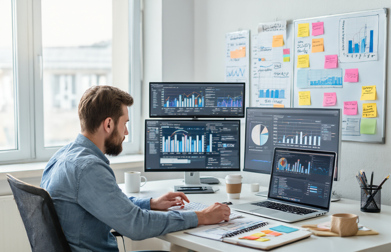 Create a realistic image of a professional workspace showing strategic keyword research in action, featuring a white male digital marketer in his 30s sitting at a modern desk with multiple computer monitors displaying analytics dashboards, keyword ranking charts, and search volume graphs, surrounded by organized notebooks with handwritten keyword lists, colorful sticky notes on a wall board showing keyword categories and priorities, a laptop, coffee cup, and pen holder, set in a bright modern office environment with natural lighting from large windows, conveying focus and strategic planning atmosphere, absolutely NO text should be in the scene.
