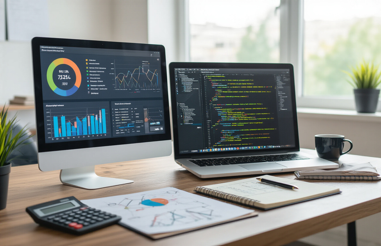 Create a realistic image of a professional workspace showing a computer monitor displaying a website analytics dashboard with colorful graphs, charts, and SEO performance metrics, alongside a laptop showing website code with HTML meta tags, surrounded by strategic planning elements like notebooks with sketched diagrams, a calculator, and coffee cup on a modern desk, all set in a bright office environment with natural lighting streaming through windows, absolutely NO text should be in the scene.