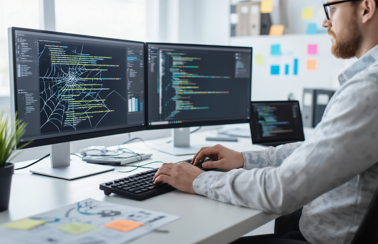Create a realistic image of a sleek modern computer workstation with multiple monitors displaying website architecture diagrams, code snippets, and crawling pathways, featuring a white male web developer's hands typing on a keyboard while surrounded by technical documentation, sticky notes with SEO strategies, and a spider web pattern subtly integrated into the background representing search engine crawlers, with clean office lighting and a professional tech workspace atmosphere, absolutely NO text should be in the scene.