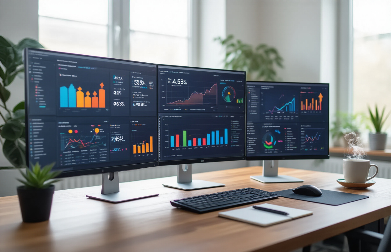 Create a realistic image of a sleek modern computer workstation with multiple monitors displaying colorful website analytics dashboards and SEO performance graphs, featuring upward trending arrows and speed indicators, surrounded by a clean office environment with soft natural lighting from a window, emphasizing productivity and digital optimization success, with a steaming coffee cup and notepad nearby suggesting active work in progress, absolutely NO text should be in the scene.