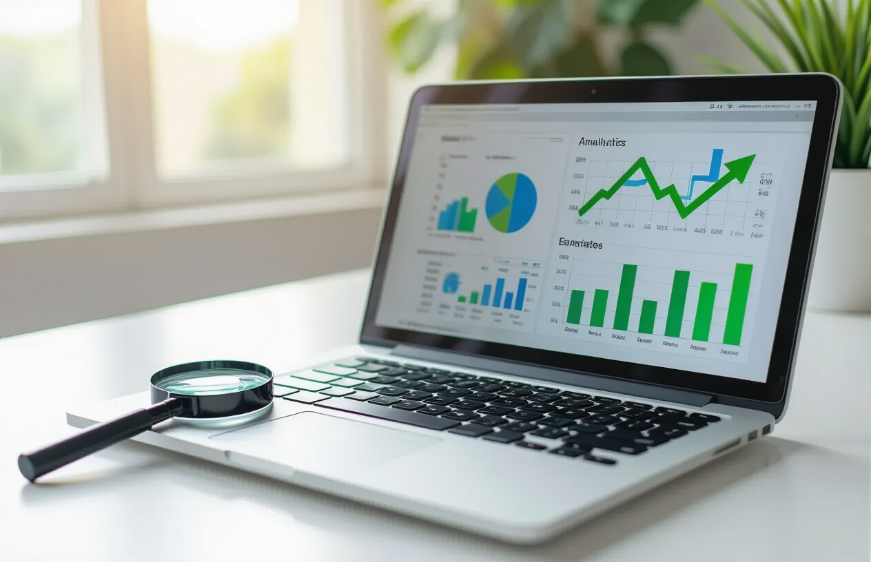 Create a realistic image of a sleek modern laptop computer displaying colorful analytics charts and graphs on its screen, positioned on a clean white desk with a magnifying glass placed beside it symbolizing monitoring and analysis, soft natural lighting from a window creating a professional workspace atmosphere, subtle green upward trending arrows visible on the screen suggesting improvement and success, absolutely NO text should be in the scene.