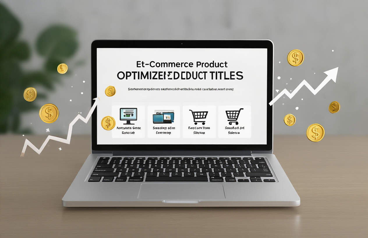 Create a realistic image of a sleek modern laptop computer displaying an e-commerce product listing interface with optimized product titles visible on the screen, surrounded by successful sales indicators like upward trending arrow graphics, shopping cart icons, and dollar signs floating in the air around the device, set against a clean white background with soft professional lighting that creates a sense of achievement and business success, with subtle shadows beneath the laptop for depth. Absolutely NO text should be in the scene.