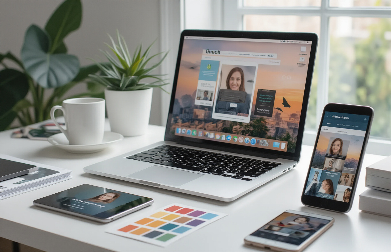 Create a realistic image of a sleek modern workspace with multiple devices displaying consistent brand elements, featuring a laptop screen showing social media profiles with matching cover photos and profile pictures in cohesive brand colors, a smartphone and tablet nearby also displaying branded content, scattered brand style guide materials and color swatches on a clean white desk, soft natural lighting from a window creating a professional atmosphere, with organized design elements suggesting successful brand implementation and visual harmony across all platforms, absolutely NO text should be in the scene.