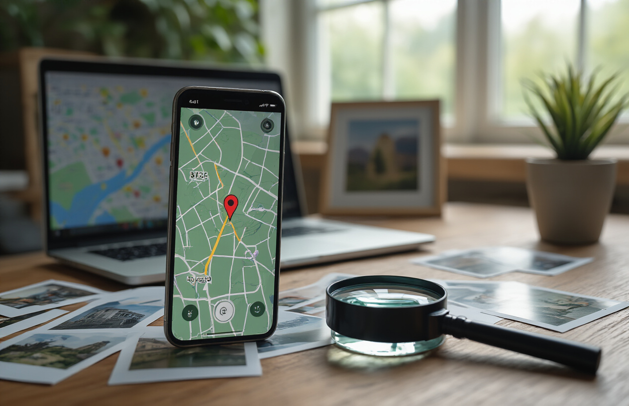 Create a realistic image of a smartphone displaying a camera interface with location services enabled, positioned on a wooden desk next to a laptop showing a map with location pins, surrounded by printed photographs scattered on the surface, with a magnifying glass highlighting GPS coordinates on one photo, soft natural lighting from a nearby window creating a professional workspace atmosphere, and a small potted plant in the corner adding a touch of greenery to the scene. Absolutely NO text should be in the scene.