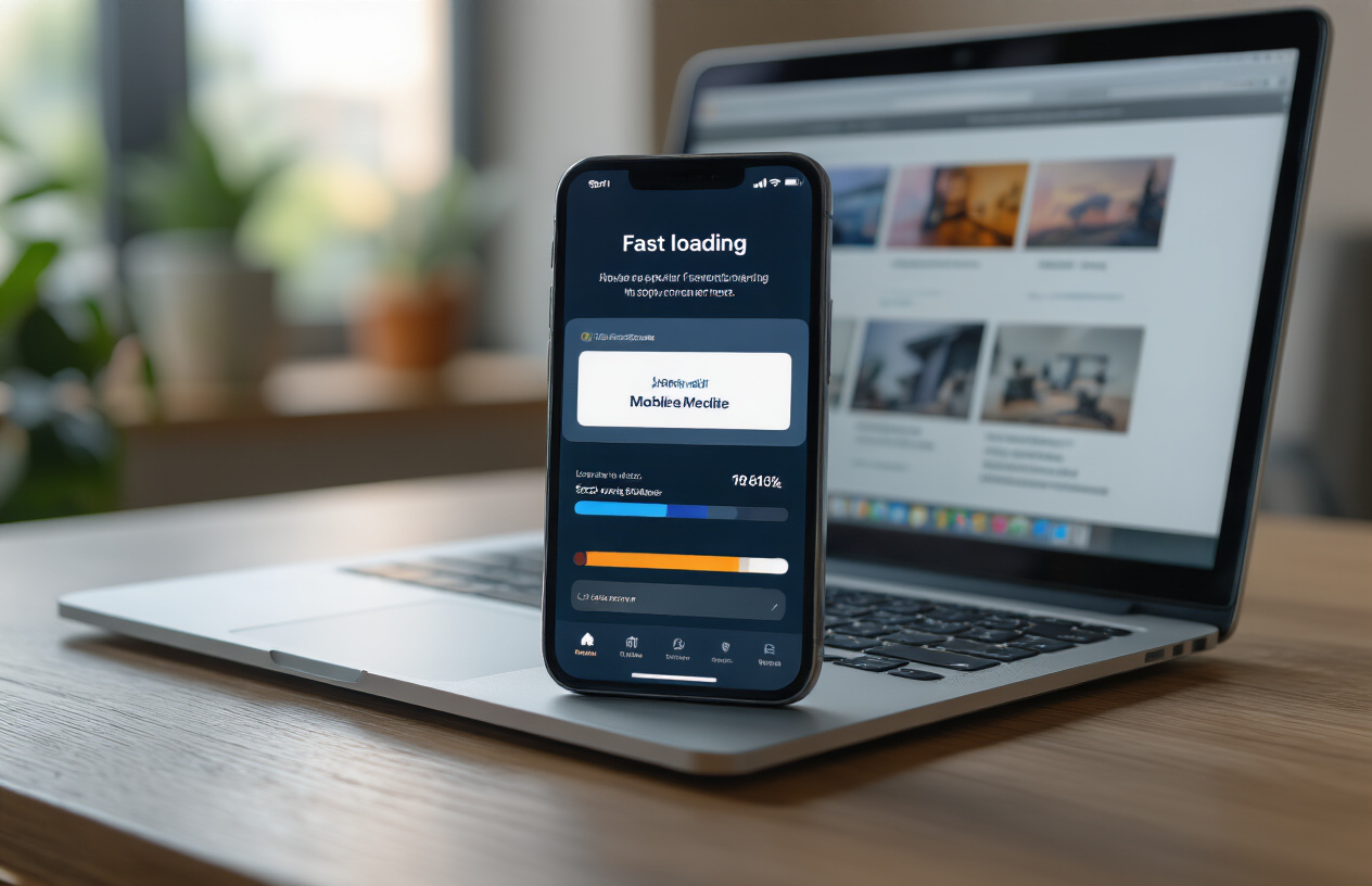 Create a realistic image of a smartphone displaying a fast-loading website with visible performance indicators like loading bars and speed metrics on the screen, placed on a modern desk alongside a laptop showing mobile-responsive web design elements, with clean lighting highlighting the devices' screens, conveying efficiency and optimized user experience in a professional digital workspace setting, absolutely NO text should be in the scene.