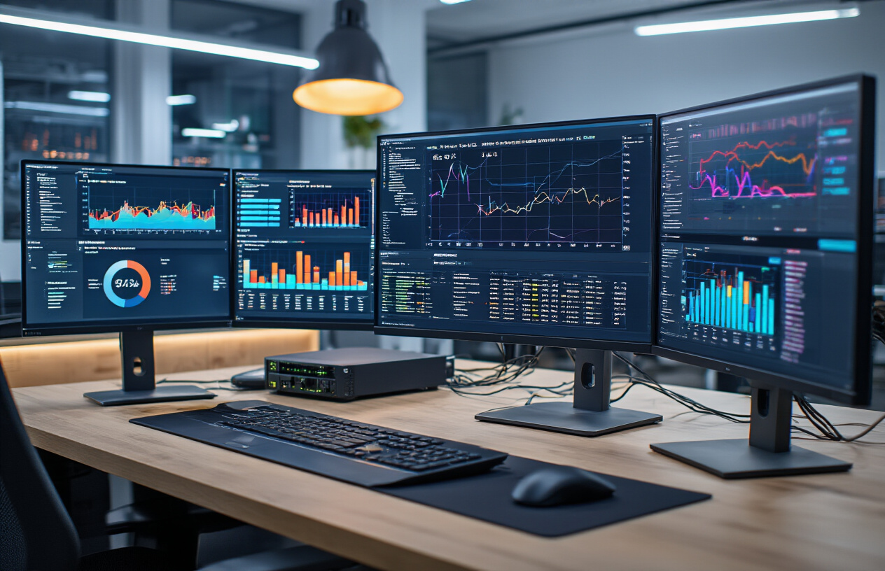 Create a realistic image of a sophisticated computer workstation showing website crawl budget optimization in action, featuring multiple monitors displaying colorful data visualizations with crawl rate graphs, server performance metrics, and website architecture diagrams, with a sleek modern office background, professional lighting, and various technical elements like servers and networking equipment subtly visible in the background, conveying a sense of advanced technical analysis and optimization work being performed, absolutely NO text should be in the scene.