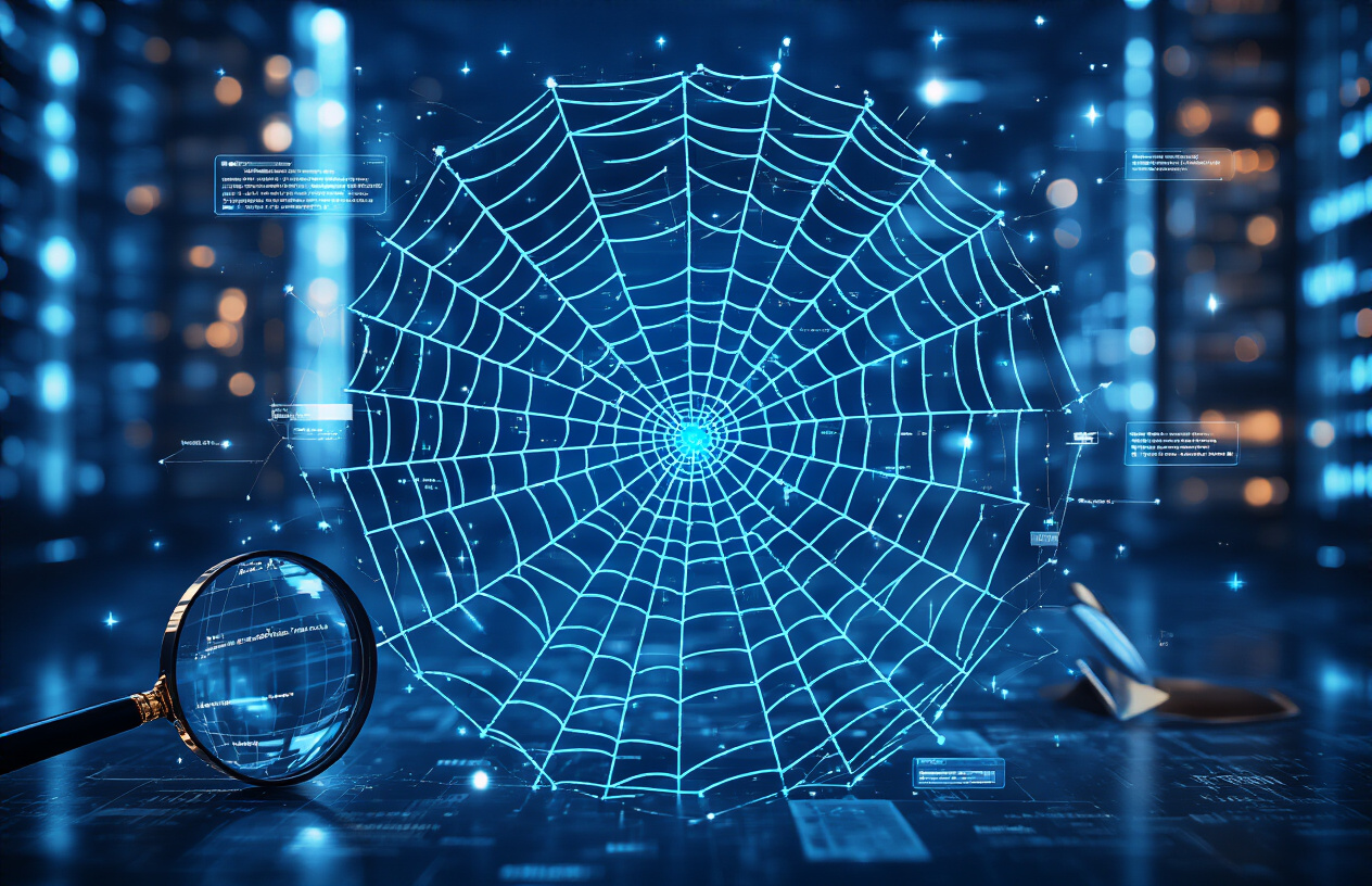 Create a realistic image of a sophisticated digital spider web with glowing blue data pathways connecting various website pages and documents, surrounded by magnifying glasses examining code snippets and file structures, set against a dark blue technology background with subtle server rack silhouettes, conveying a professional and analytical mood with soft blue lighting highlighting the search discovery process, absolutely NO text should be in the scene.