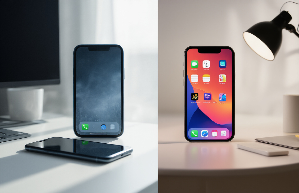 Create a realistic image of a split-screen comparison showing the difference between poor quality and high quality product photography, with the left side displaying a blurry, poorly lit smartphone on a cluttered desk with harsh shadows, and the right side showcasing the same smartphone model with crisp details, professional lighting, clean white background, and vibrant colors that make it appear premium and appealing, with subtle lighting that creates a modern, professional e-commerce atmosphere, absolutely NO text should be in the scene.