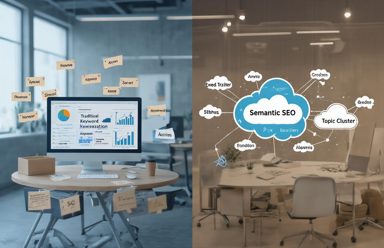 Create a realistic image of a split-screen comparison showing two different SEO approaches, with the left side displaying a traditional keyword optimization method featuring a computer screen with scattered individual keywords in boxes and simple keyword density charts, while the right side shows semantic SEO with interconnected word clouds, topic clusters, and relationship diagrams between related concepts, set in a modern office environment with clean lighting and a professional atmosphere, absolutely NO text should be in the scene.