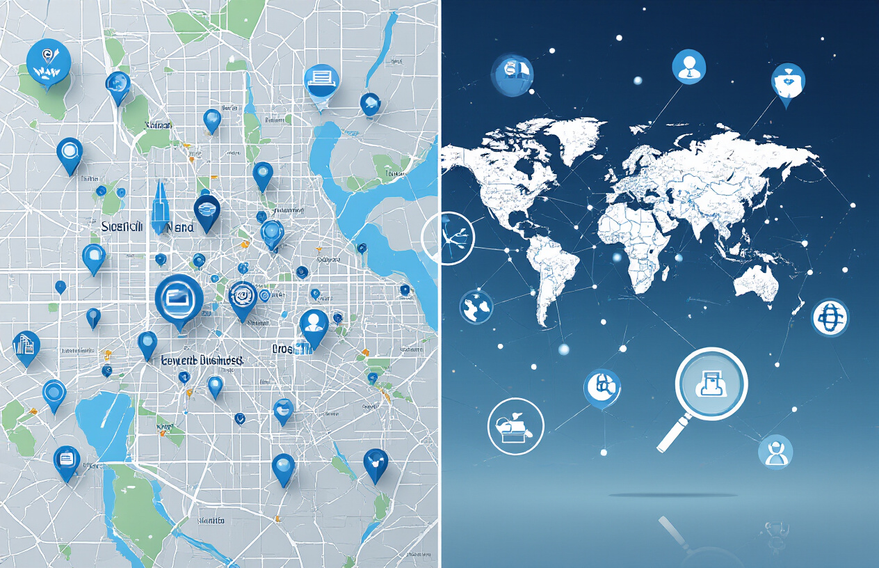 Create a realistic image of a split-screen composition showing two distinct digital landscapes representing local versus global keyword concepts, with the left side displaying a detailed city map with location pins and local business icons scattered across neighborhoods, while the right side shows a world map with interconnected network lines and search symbols spanning across continents, both sides featuring floating magnifying glasses and search-related icons in a modern blue and white color scheme, with soft ambient lighting creating a professional tech atmosphere, absolutely NO text should be in the scene.
