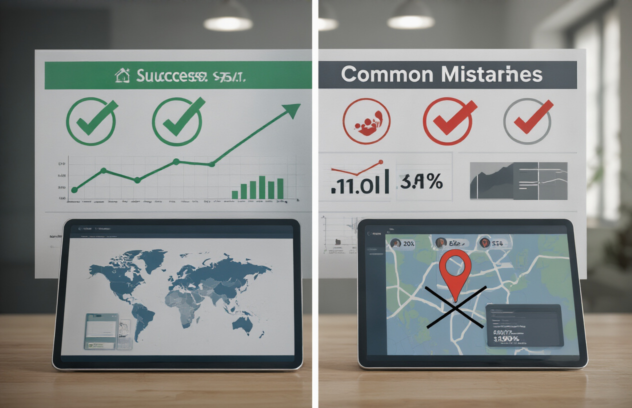 Create a realistic image of a split-screen composition showing success metrics on one side with green checkmarks, upward trending graphs, and analytics dashboards displaying location data, while the other side shows common mistakes with red X marks, warning symbols, and crossed-out map pins on a digital device screen, set against a clean modern office background with soft natural lighting, absolutely NO text should be in the scene.