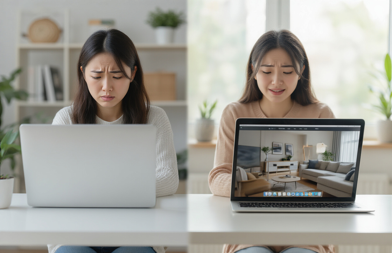 Create a realistic image of a split-screen composition showing two contrasting online shopping experiences: on the left side, a frustrated Asian female consumer looking at a laptop screen displaying blurry, low-quality product images with poor lighting, and on the right side, the same woman appearing delighted while viewing crisp, high-resolution product photos with professional lighting on her laptop, with both laptops positioned on a clean white desk in a modern home office setting with soft natural lighting from a window, absolutely NO text should be in the scene.