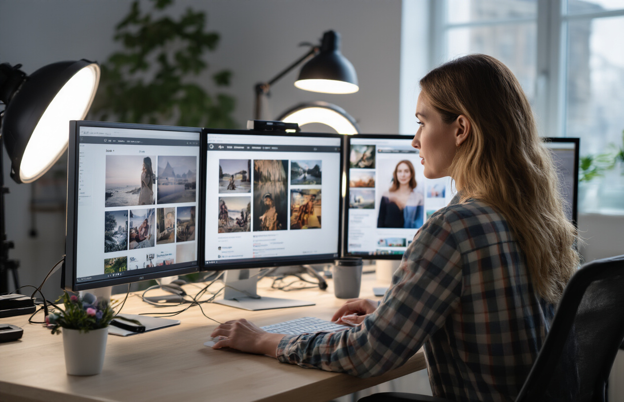 Create a realistic image of a split-screen workspace showing different social media platform interfaces on multiple computer monitors displaying various optimized product images, with a white female marketing professional working at a modern desk, surrounded by photography equipment including ring lights and cameras, clean modern office background with soft natural lighting, professional and focused atmosphere, showcasing the concept of tailoring product images for different online platforms. Absolutely NO text should be in the scene.