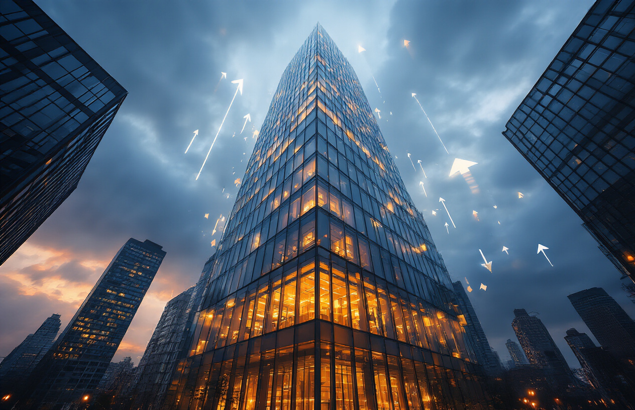 Create a realistic image of a towering glass skyscraper reaching into cloudy skies with multiple floors glowing with warm light, surrounded by a modern cityscape at dusk, with digital marketing elements like ascending arrows and growth charts subtly integrated into the building's reflection on nearby glass surfaces, conveying success and upward momentum in content strategy, shot from a low angle perspective to emphasize height and achievement, with soft golden lighting creating an inspirational and accomplished mood, absolutely NO text should be in the scene.
