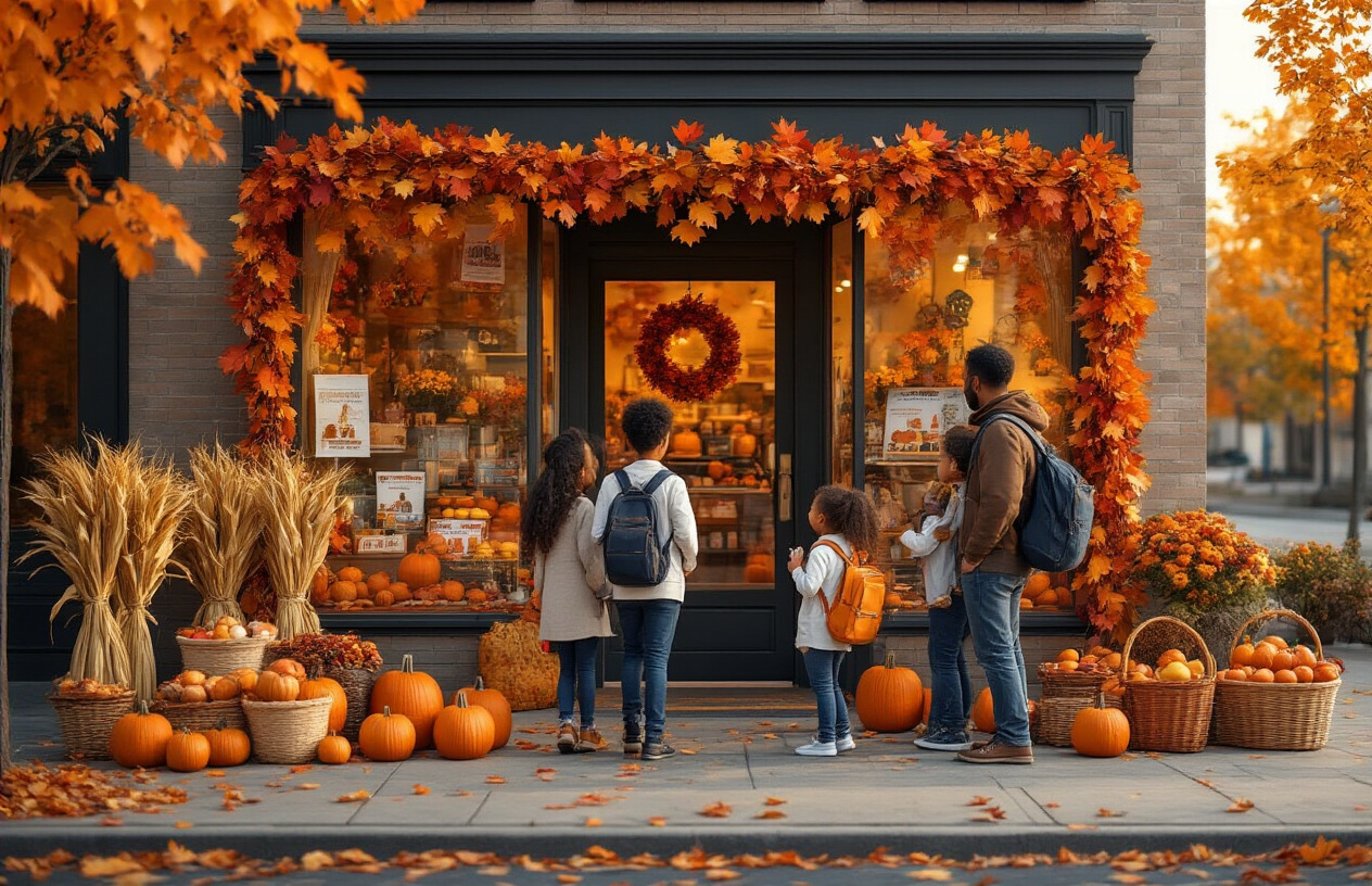 Create a realistic image of a vibrant local business storefront decorated with fall autumn leaves, pumpkins, and back-to-school promotional displays, featuring a diverse mix of white and black customers including families with children carrying backpacks and school supplies, surrounded by warm orange and yellow fall foliage, harvest decorations like corn stalks and apple baskets, with soft golden hour lighting creating a welcoming community atmosphere, absolutely NO text should be in the scene.