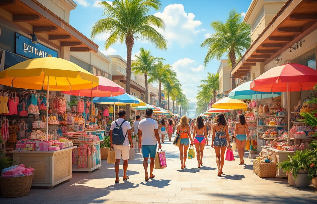 Create a realistic image of a vibrant summer retail scene showing a busy outdoor marketplace or shopping district during peak summer season, featuring colorful summer merchandise like beach umbrellas, swimwear, ice cream stands, and seasonal products displayed in storefronts, with shoppers of diverse backgrounds including white and black males and females carrying shopping bags and enjoying summer activities, set against a bright sunny day with clear blue skies, palm trees or summer foliage in the background, warm golden sunlight creating an energetic and prosperous commercial atmosphere that captures the essence of successful summer retail campaigns, absolutely NO text should be in the scene.