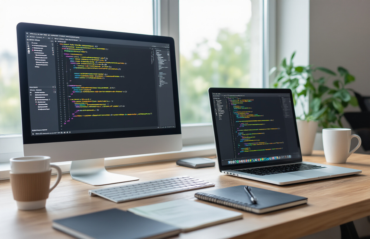 Create a realistic image of a web developer's workspace showing a computer monitor displaying a schema validation tool interface with colorful code validation results, a clean desk with a laptop, coding notebooks, and a coffee cup, bright natural lighting from a window, focused professional atmosphere with subtle tech elements in the background, absolutely NO text should be in the scene.