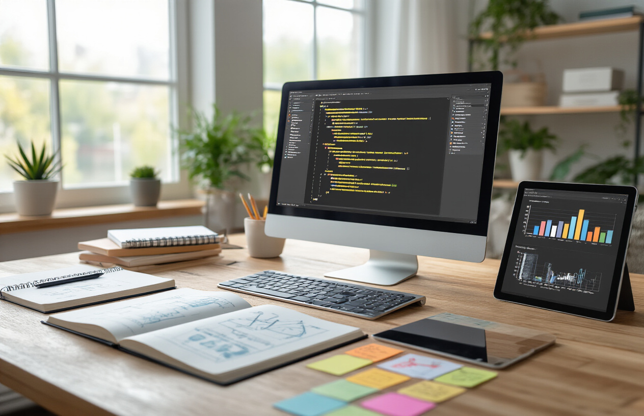 Create a realistic image of a well-organized digital workspace showing a computer screen displaying a hierarchical document structure with various heading levels arranged in a clear visual hierarchy, surrounded by planning materials like notebooks with structural diagrams, sticky notes arranged in organized patterns, and a tablet showing content organization charts, all set on a modern wooden desk with soft natural lighting from a window, creating a focused and strategic planning atmosphere, absolutely NO text should be in the scene.