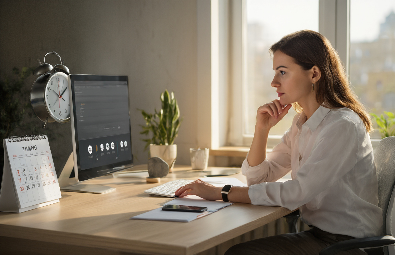 Create a realistic image of a white female business owner sitting at a modern office desk looking at a wall clock and smartphone simultaneously, with a calendar showing optimal timing markers visible on her computer screen, warm natural lighting from a window creating a focused work atmosphere, expressing thoughtful concentration as she plans the perfect moment to request customer reviews, Absolutely NO text should be in the scene.