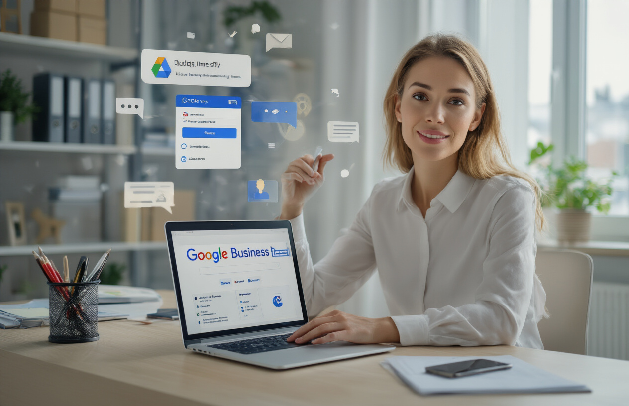 Create a realistic image of a white female business owner sitting at a modern desk with a laptop computer and smartphone displaying Google Business Profile interface, surrounded by organized office supplies, notification icons floating above the devices suggesting active messaging setup, clean contemporary office background with soft natural lighting from a window, professional and focused atmosphere conveying digital communication management, absolutely NO text should be in the scene.