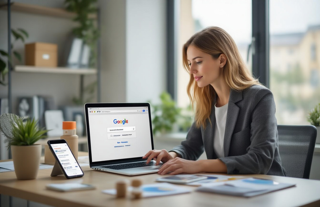 Create a realistic image of a white female business owner sitting at a modern desk with a laptop computer, looking at a Google Business Profile interface on the screen, with a smartphone displaying customer review notifications nearby, surrounded by small business elements like product samples or service brochures, in a clean professional office setting with natural lighting from a window, conveying focus and optimization work, absolutely NO text should be in the scene.