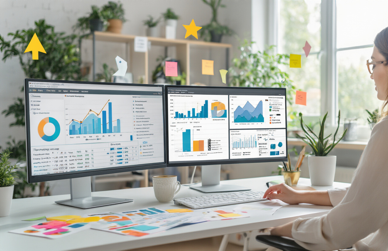 Create a realistic image of a white female content strategist working at a modern desk with dual monitors displaying website analytics dashboards and content optimization tools, surrounded by transformation elements like arrows pointing upward, colorful charts showing improved metrics, and scattered notes with strategy keywords, set in a bright contemporary office with natural lighting streaming through large windows, conveying productivity and success in digital marketing transformation, with a clean minimalist background featuring plants and modern furniture. Absolutely NO text should be in the scene.