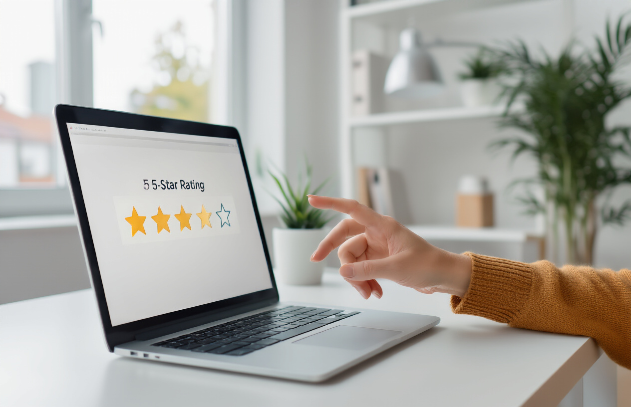 Create a realistic image of a white female customer sitting at a modern desk with a sleek laptop open, showing a simplified 5-star rating interface on the screen with large, easy-to-click star icons, her finger hovering over the stars in a natural clicking gesture, clean minimalist office environment with soft natural lighting from a window, warm and inviting atmosphere suggesting ease and convenience, absolutely NO text should be in the scene.